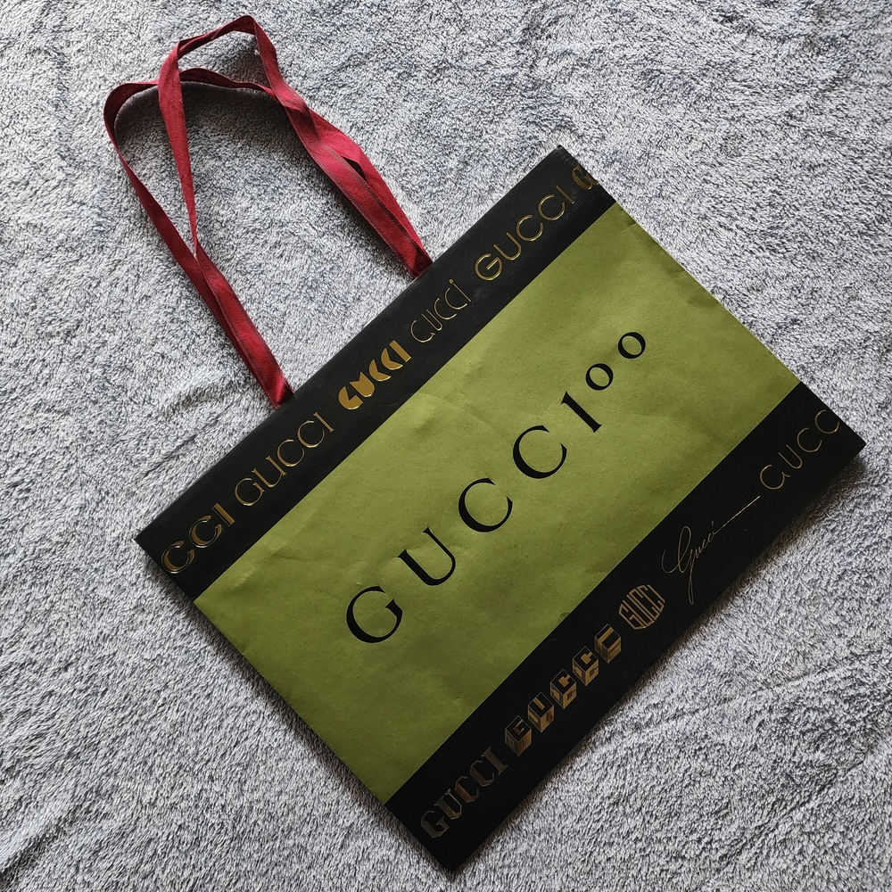 Gucci Black and Olive Green Shopping Bag with Red Handles